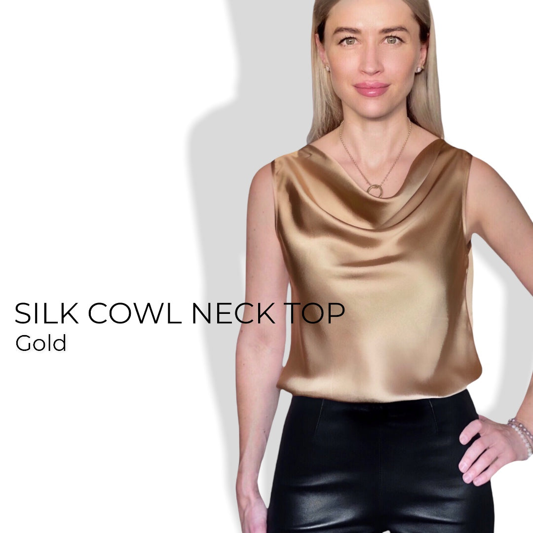 SILK COWL NECK TOP in GOLD colour ...